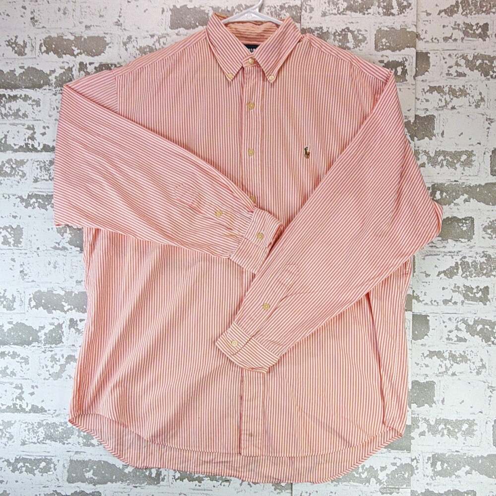 Ralph Lauren Golf Tilden Men's L Pink White Striped Cotton L/S Button-Down